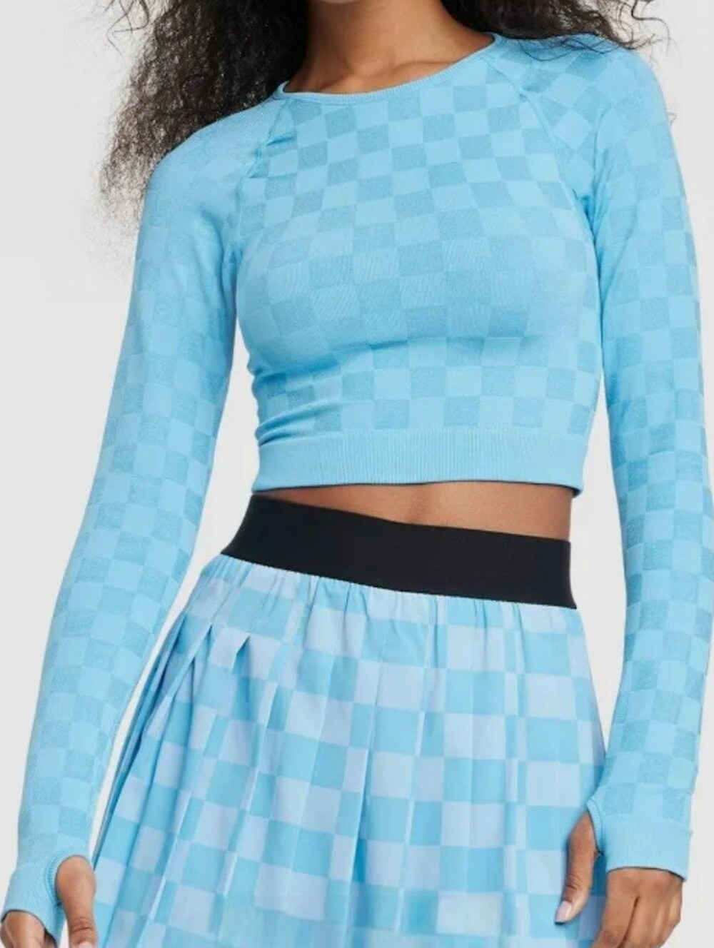 Nwt Joylab Blue Checkered Shimmer Longsleeve Cropped Top